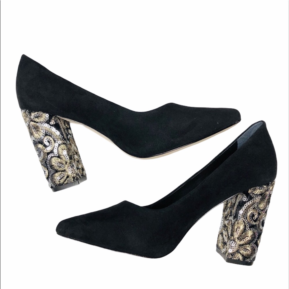 NEW JOAN OLAFF BlK suede embroidered comfort pump